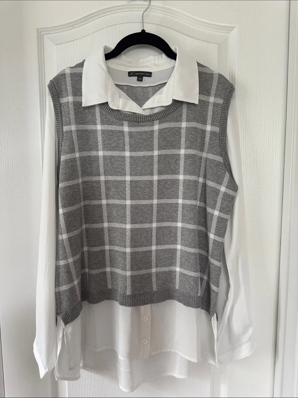 Adrianna Papell Gray Windowpane Knit V-Neck Vest with White Shirt